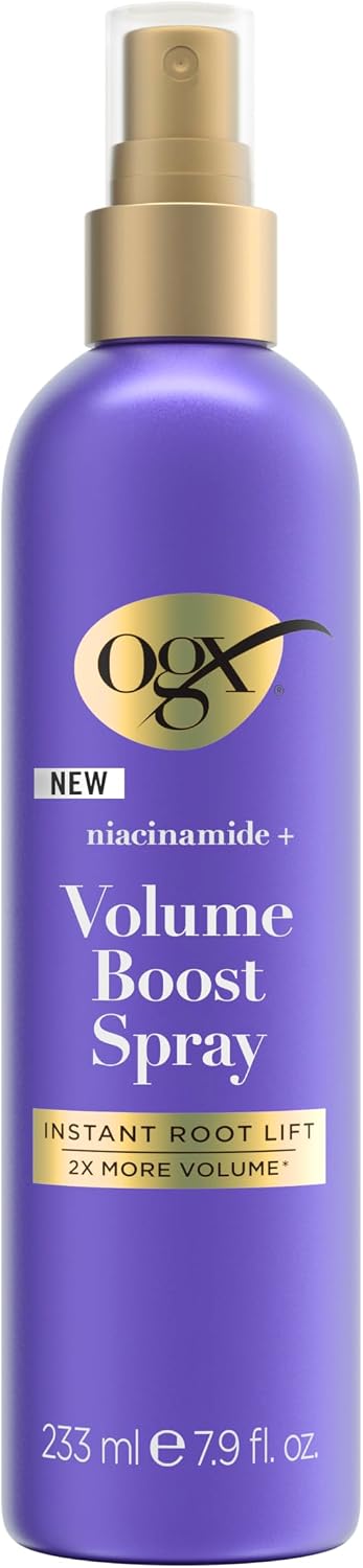 OGX Niacinamide+ Volume Boost Spray 233ml purple bottle with gold spray pump