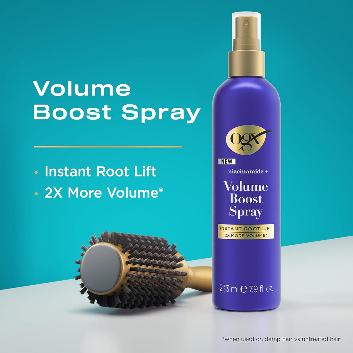 OGX Volume Boost Spray beside a round brush, highlighting instant root lift and 2x more volume on damp hair versus untreated hair