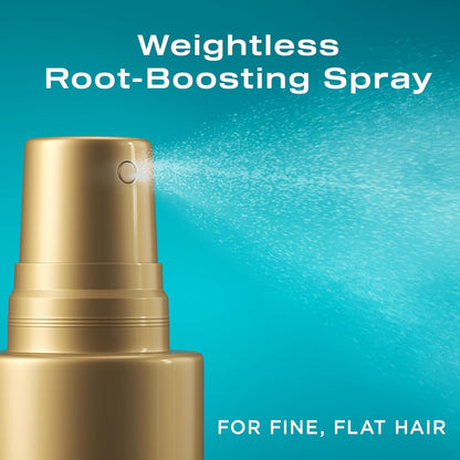 Close-up of OGX spray nozzle with weightless root-boosting spray messaging for fine, flat hair