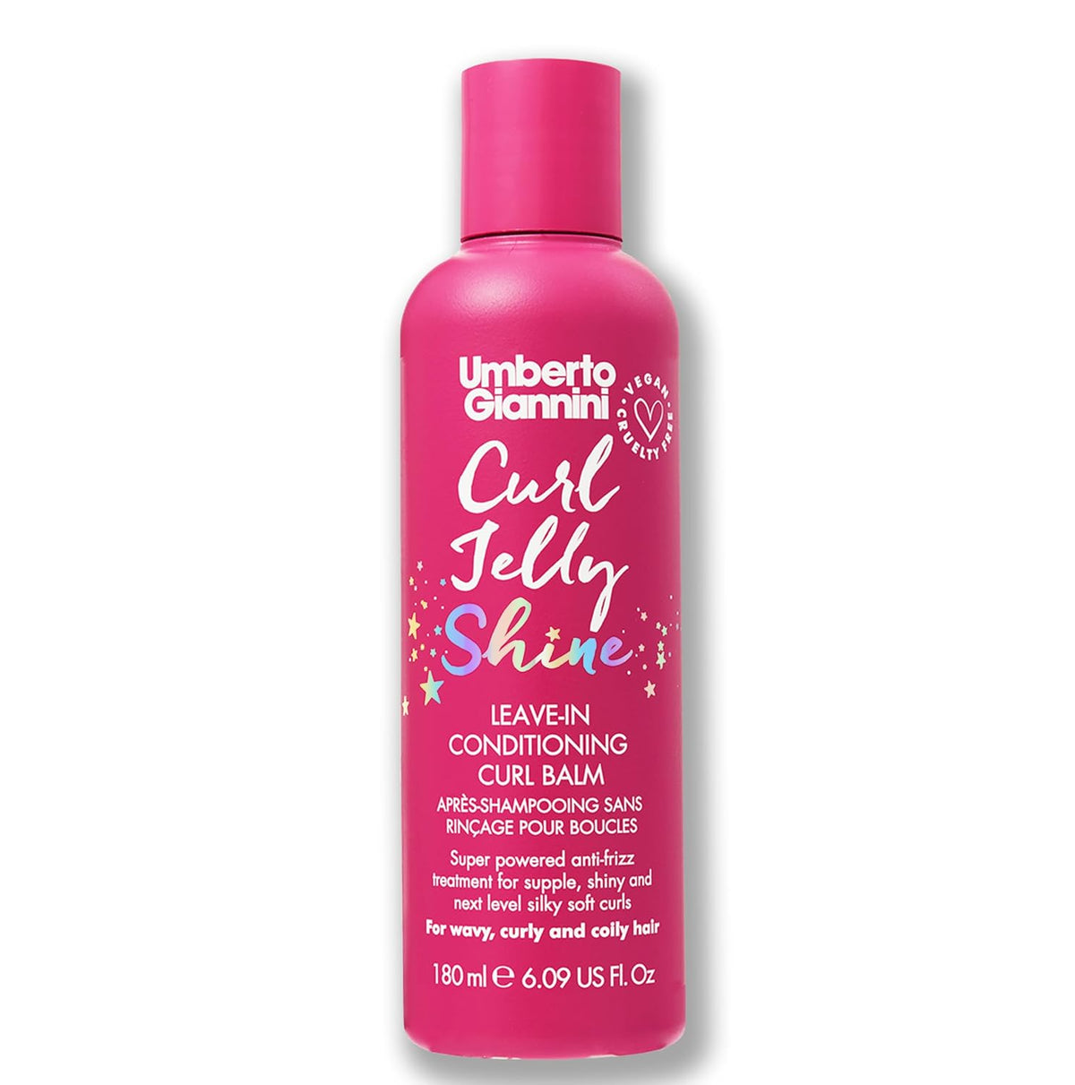 Umberto Giannini Curl Jelly Shine leave-in conditioning curl balm, 180ml pink bottle on a white background