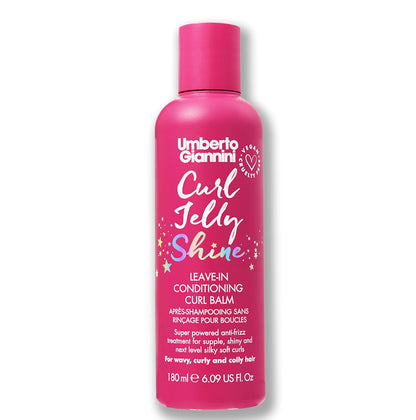Umberto Giannini Curl Jelly Shine leave-in conditioning curl balm, 180ml pink bottle on a white background