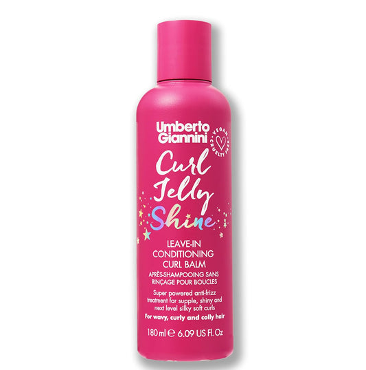 Umberto Giannini Curl Jelly Shine leave-in conditioning curl balm, 180ml pink bottle on a white background
