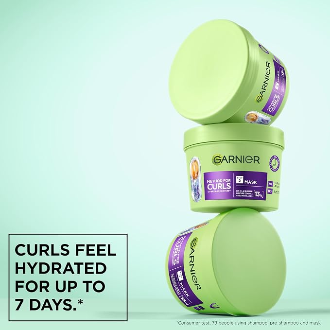 Three Garnier Method For Curls Mask jars in a hydration promotional image