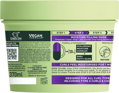 Back of Garnier Method For Curls Mask 370ml jar showing ingredients, directions and vegan formula label