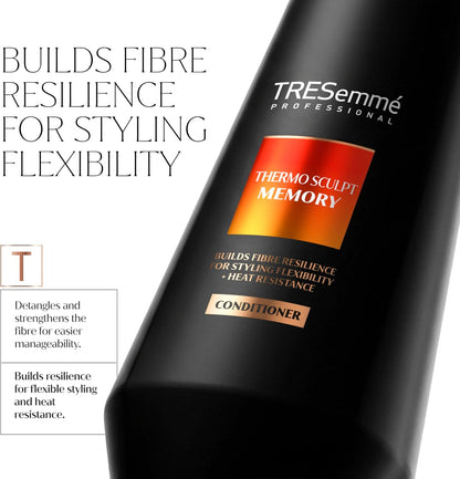TRESemmé Thermo Sculpt Memory Conditioner close-up with detangling, fibre resilience and styling flexibility claims.
