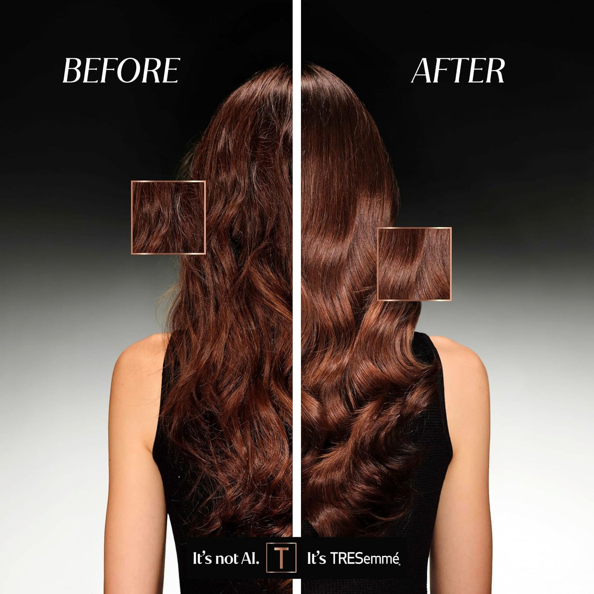 TRESemmé promotional before-and-after comparison showing the back of long brown styled hair.