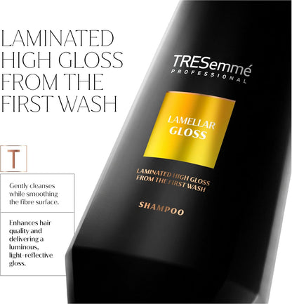 TRESemmé Lamellar Gloss Shampoo graphic highlighting cleansing, smoothing and light-reflective gloss