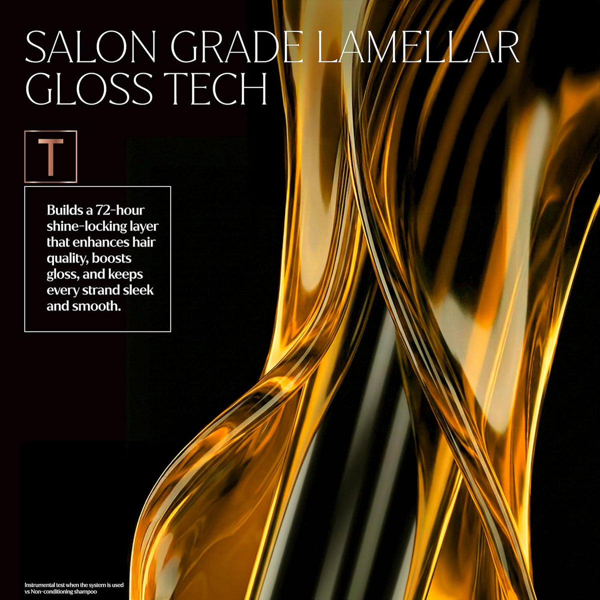 Lamellar Gloss technology graphic with golden strands and a full-system shine-locking claim