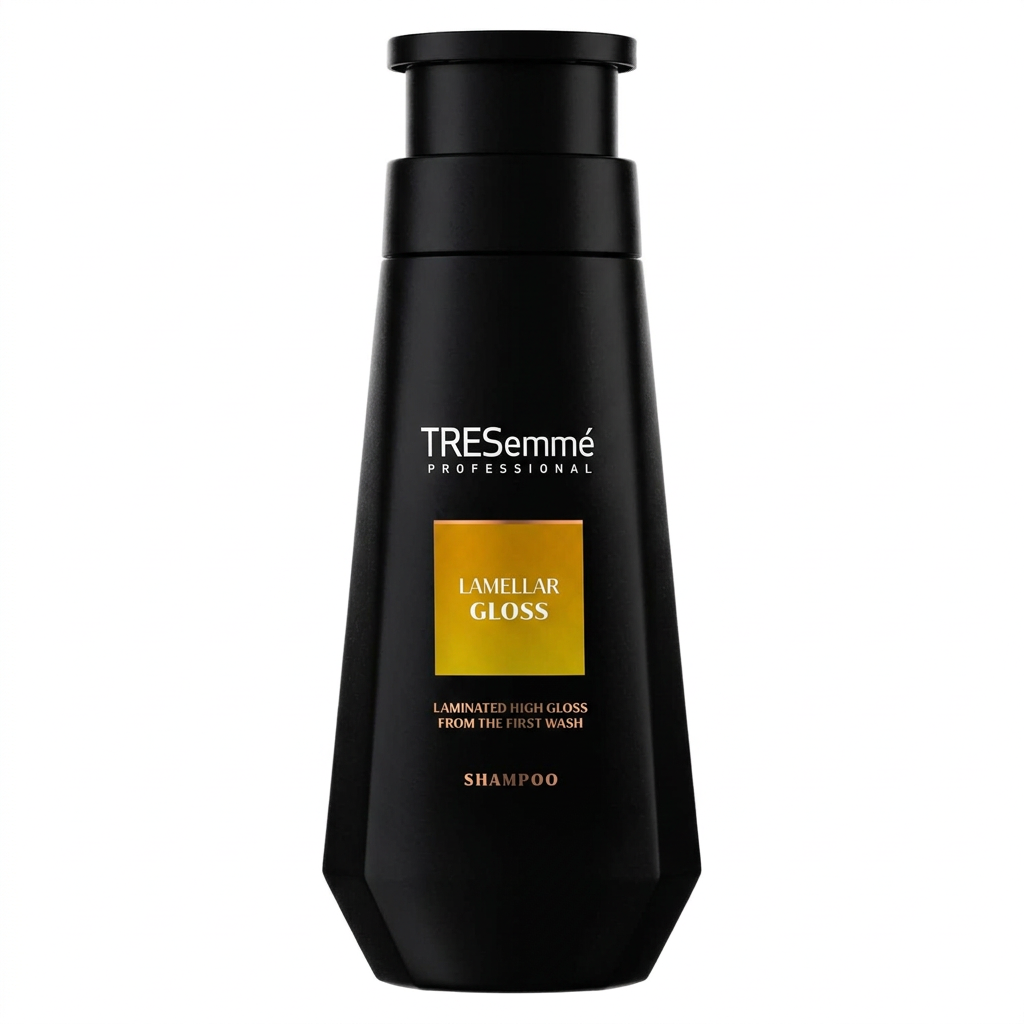 TRESemmé Lamellar Gloss Shampoo in a black pump bottle with a gold front label