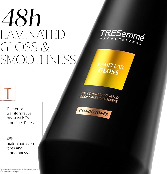 TRESemmé Lamellar Gloss Conditioner promotional image advertising 48-hour laminated gloss and smoothness.