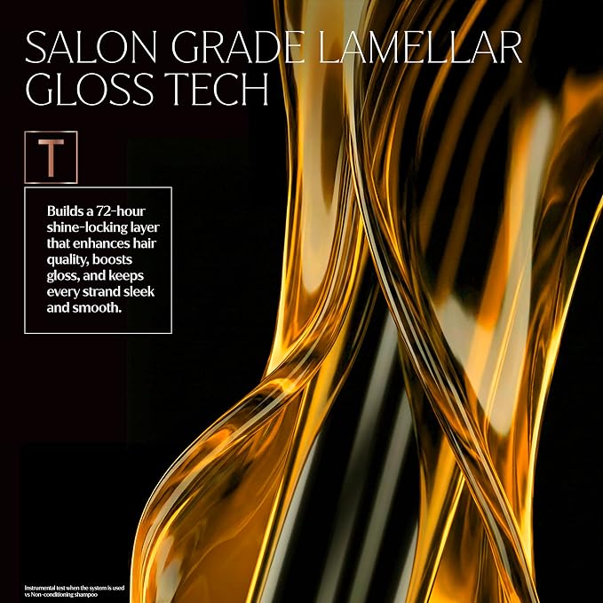 Gold strand illustration promoting TRESemmé Lamellar Gloss technology and a 72-hour shine-locking layer.