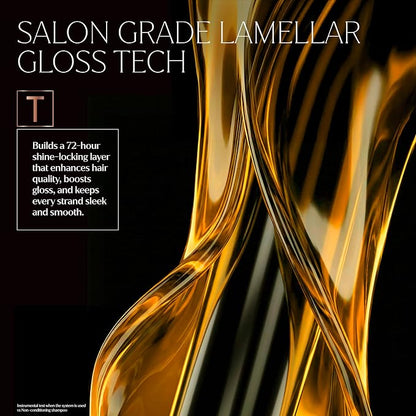 Gold strand illustration promoting TRESemmé Lamellar Gloss technology and a 72-hour shine-locking layer.