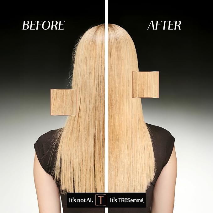 TRESemmé before-and-after comparison showing long blonde hair divided down the center.