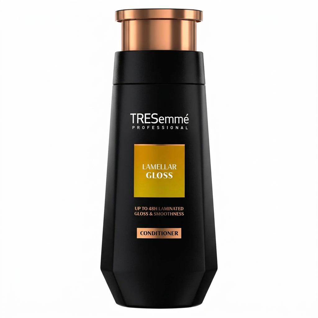TRESemmé Lamellar Gloss Conditioner bottle with a bronze cap, centered on a square white background.
