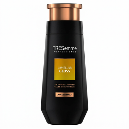 TRESemmé Lamellar Gloss Conditioner bottle with a bronze cap, centered on a square white background.