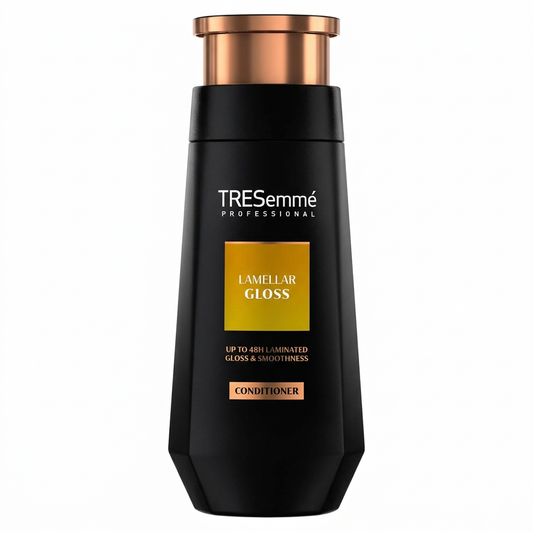 TRESemmé Lamellar Gloss Conditioner bottle with a bronze cap, centered on a square white background.