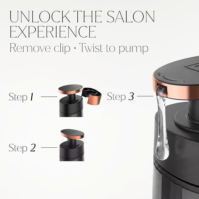 Three-step TRESemmé pump guide showing how to remove the clip, twist the pump and dispense conditioner.