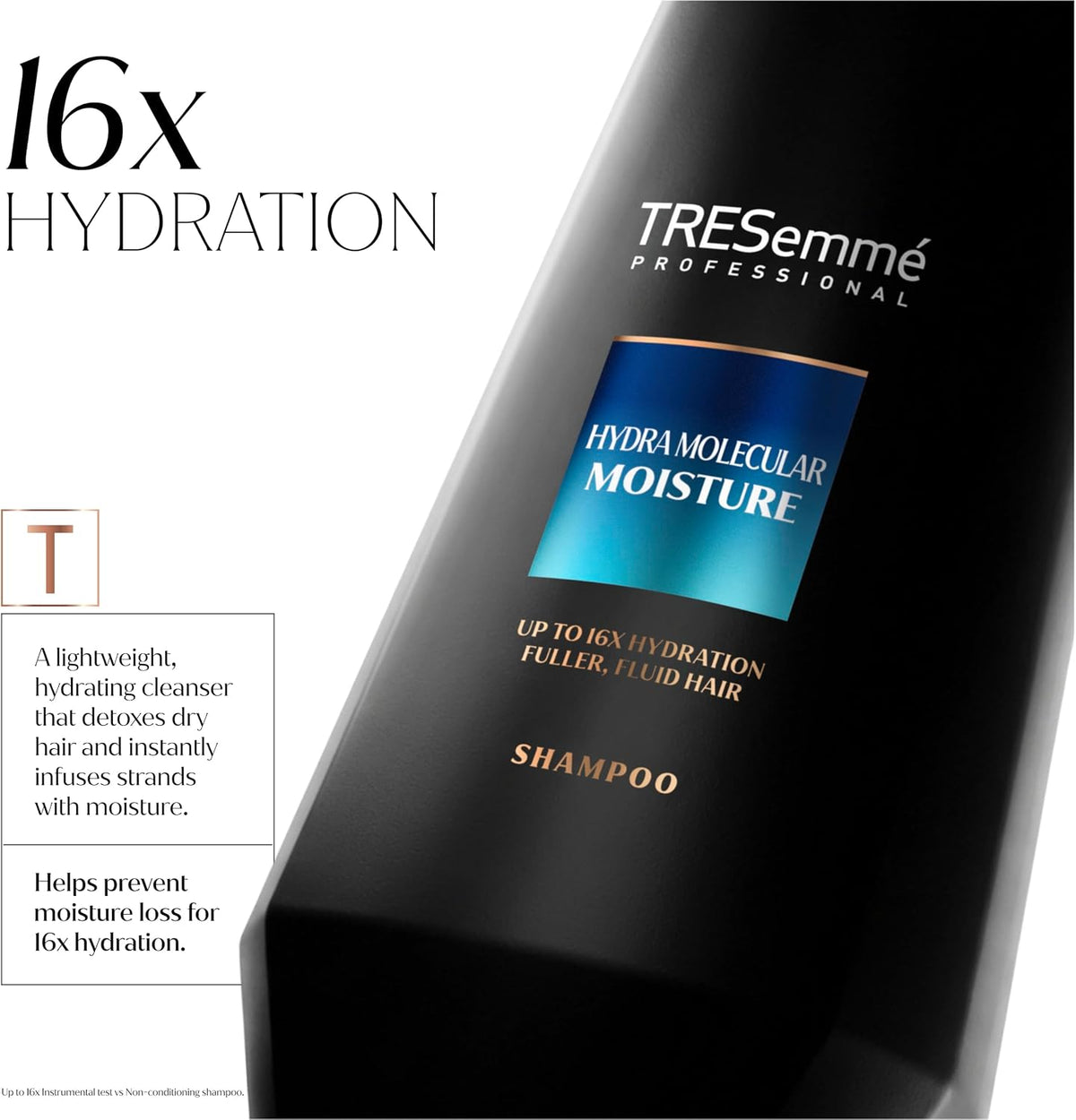 TRESemmé Hydra Molecular Moisture Shampoo close-up with a graphic promoting up to 16x hydration.