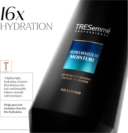TRESemmé Hydra Molecular Moisture Shampoo close-up with a graphic promoting up to 16x hydration.