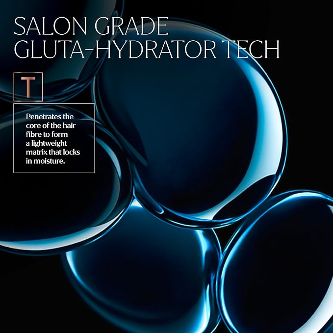 Blue molecular-style graphic explaining TRESemmé Gluta-Hydrator technology and moisture retention.