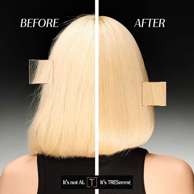 TRESemmé before-and-after comparison of a blonde bob, showing fewer flyaways and a smoother-looking finish on the right.