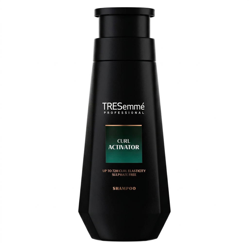 TRESemmé Curl Activator Shampoo 400ml black pump bottle with a green label, front view on a white background.