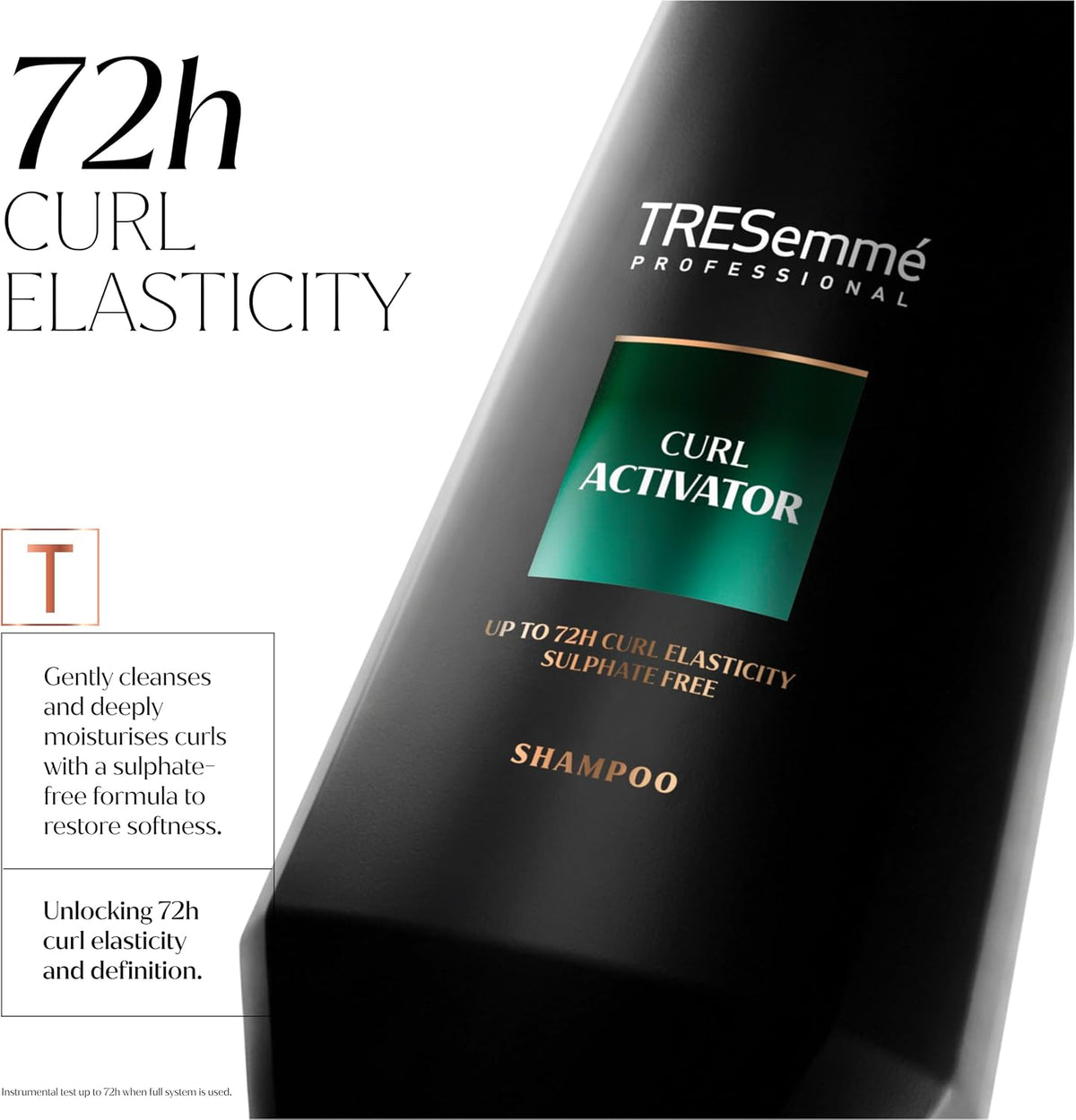 TRESemmé Curl Activator Shampoo close-up with sulphate-free and up to 72-hour curl elasticity messaging for the full system.