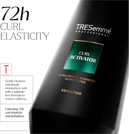 TRESemmé Curl Activator Shampoo close-up with sulphate-free and up to 72-hour curl elasticity messaging for the full system.