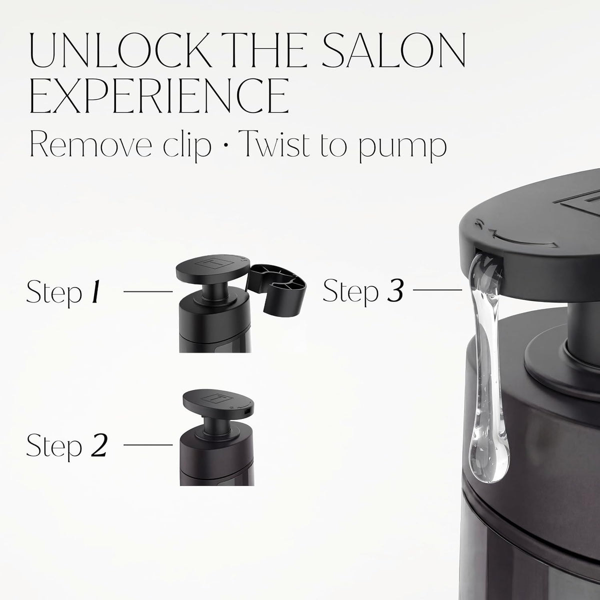 TRESemmé pump instructions: remove the clip, twist to unlock, then press the pump to dispense shampoo.