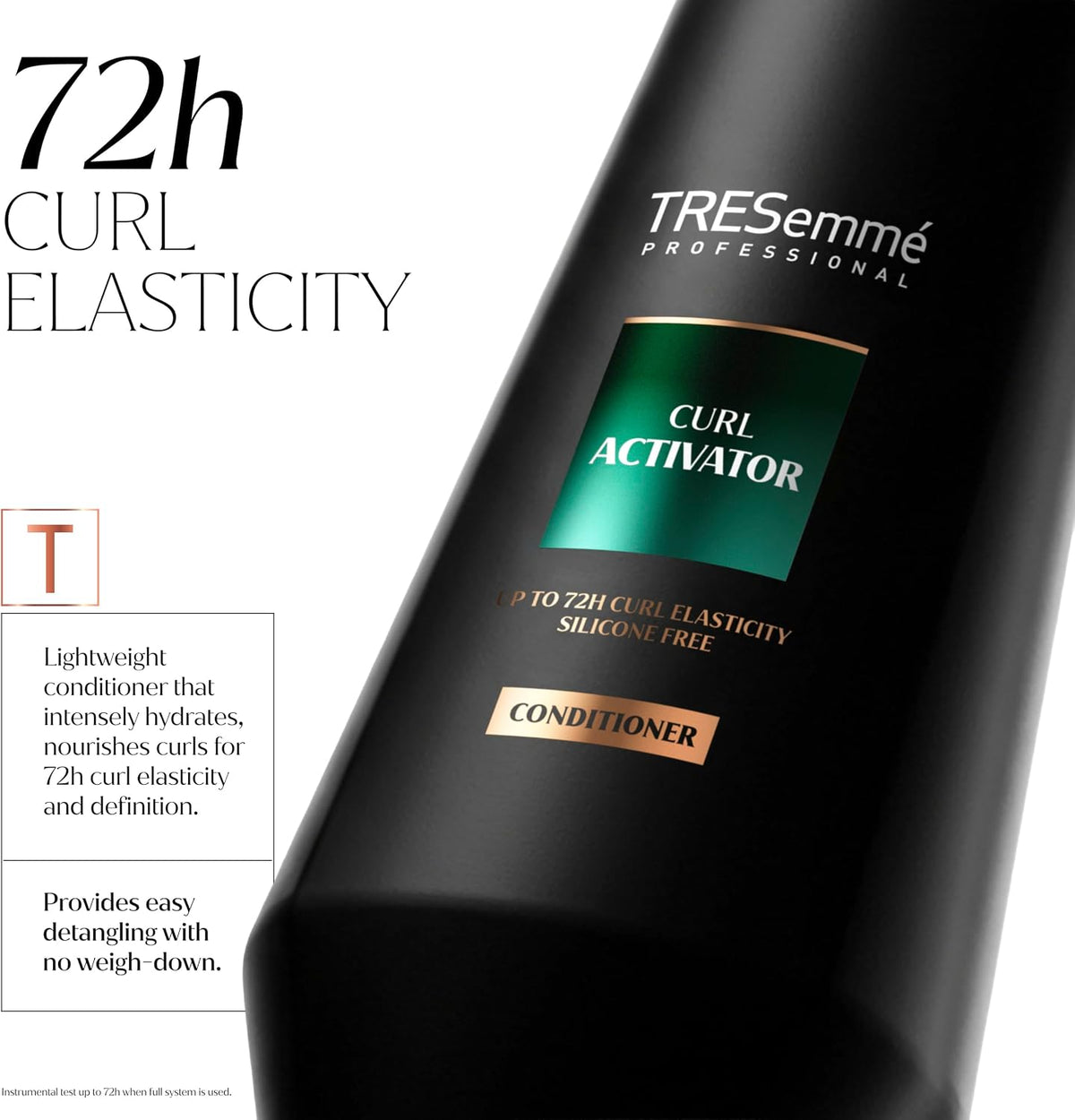TRESemmé Curl Activator Conditioner graphic highlighting hydration, detangling and the 72-hour full-system curl elasticity claim