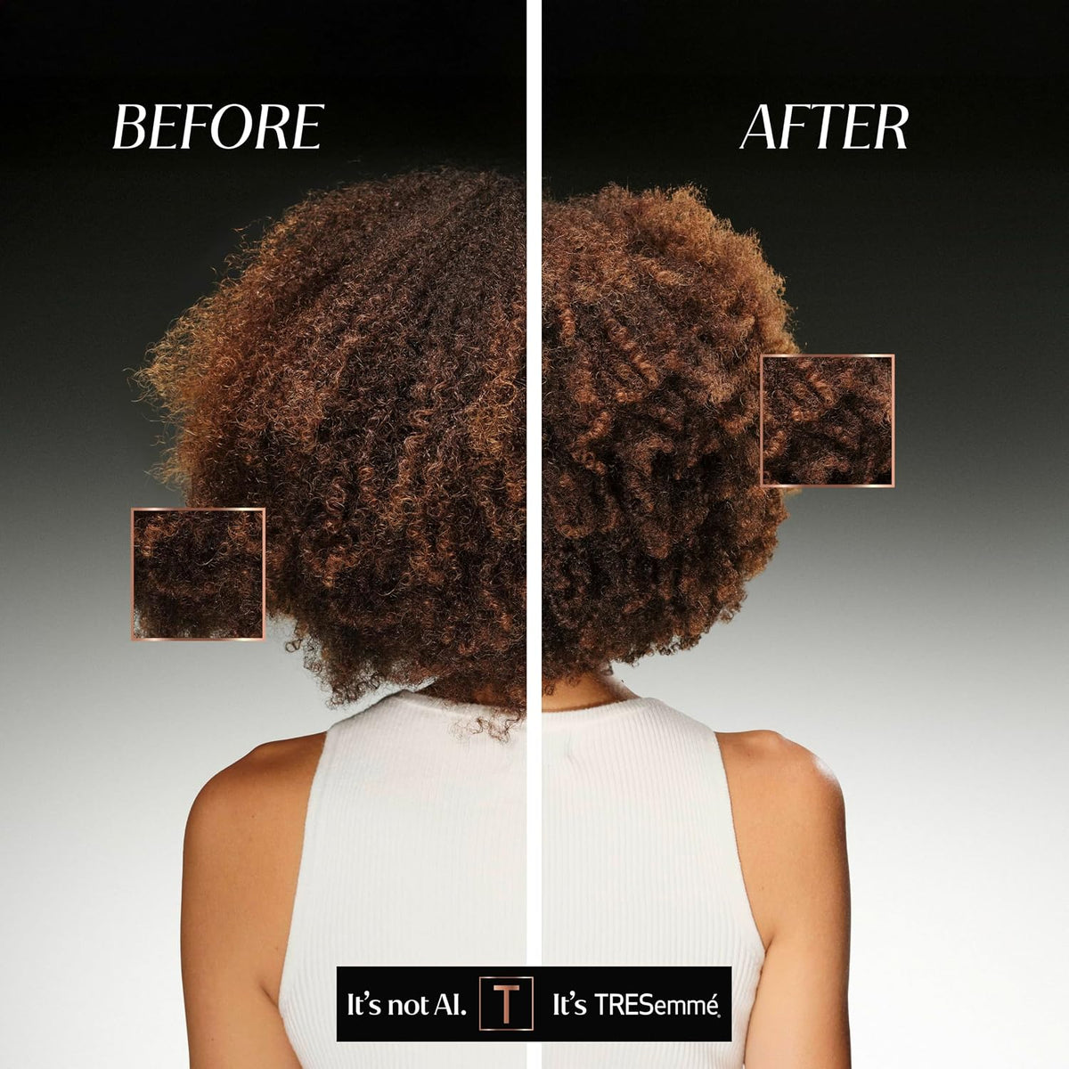 TRESemmé promotional before-and-after comparison showing curly hair from the back