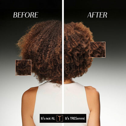 TRESemmé promotional before-and-after comparison showing curly hair from the back