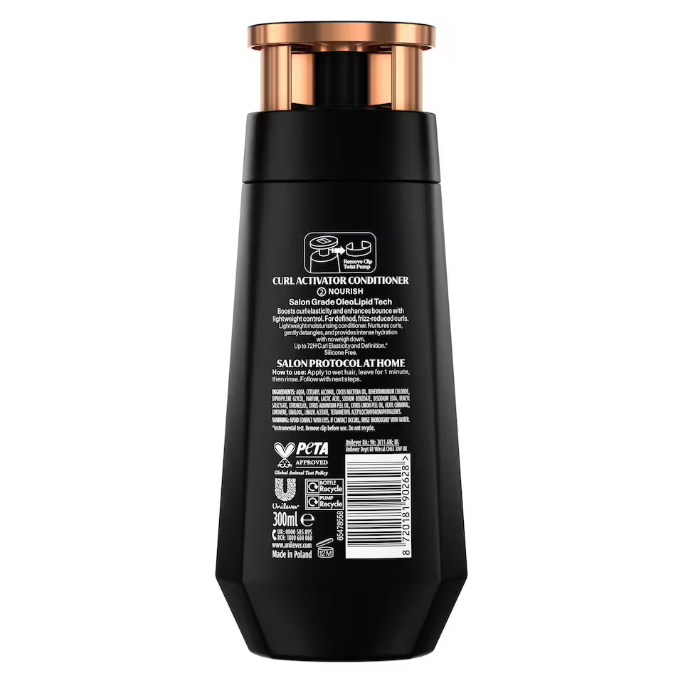 Back label of TRESemmé Curl Activator Conditioner 300ml showing ingredients, directions and pump instructions
