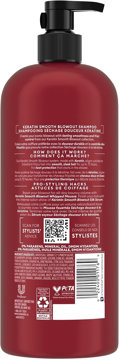 TRESemme Keratin Smooth Blowout Shampoo 72H Frizz & Flyaway Control 828mL