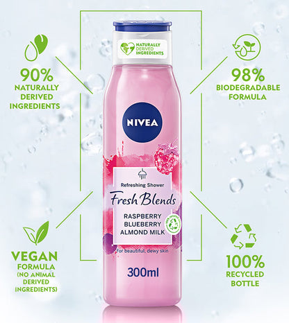 NIVEA Fresh Blends Refreshing Shower with Raspberry, Blueberry & Almond Milk for Beautiful Dewy Skin - 300ml