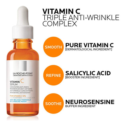 LA ROCHE-POSAY Pure Vitamin C Face Serum with Hyaluronic Acid & Salicylic Acid, Anti Aging Face Serum for Wrinkles & Uneven Skin Texture to Visibly Brighten & Smooth. - 30 ml