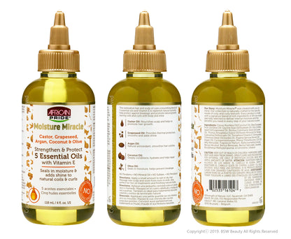 AFRICAN PRIDE Moisture Miracle 5 Essential Oils | Contains Castor, Grapeseed, Argan, Coconut & Olive Oil, Seals in Moisture & Adds Shine to Hair, Vitamin E - 118 ml