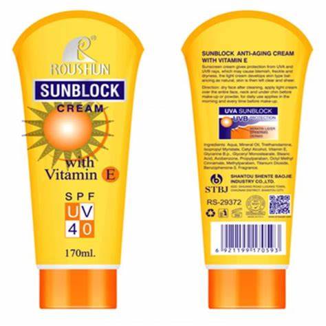 ROUSHUN Brand Quality Sun Block Cream with Vitamin E | SPFV Uv 40 - 180 ml