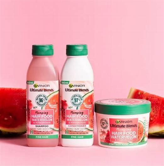 GARNIER Ultimate Blends Plumping Watermelon & Pomegranate Hair Food Set - Shampoo / Conditioner / Mask