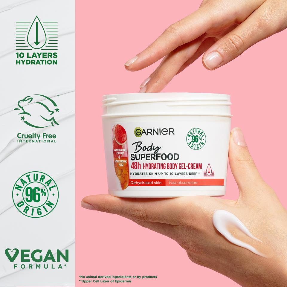 GARNIER Body Superfood Watermelon & Hyaluronic Acid 48Hrs Hydrating Gel Cream for Normal Skin - 380ml - Made in Germany