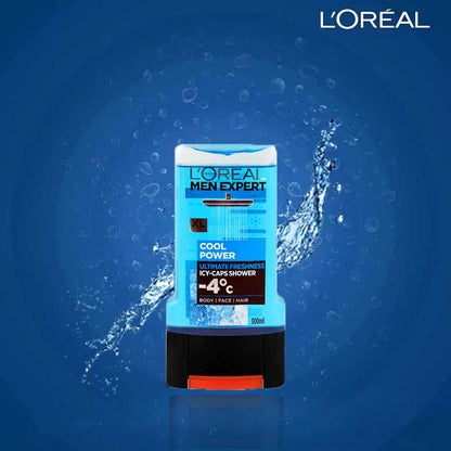 LOREAL MEN Expert Cool Power Ultimate Freshness Icy-Caps 3 in 1 Shower Gel - Body, Face & Hair - 300 ml