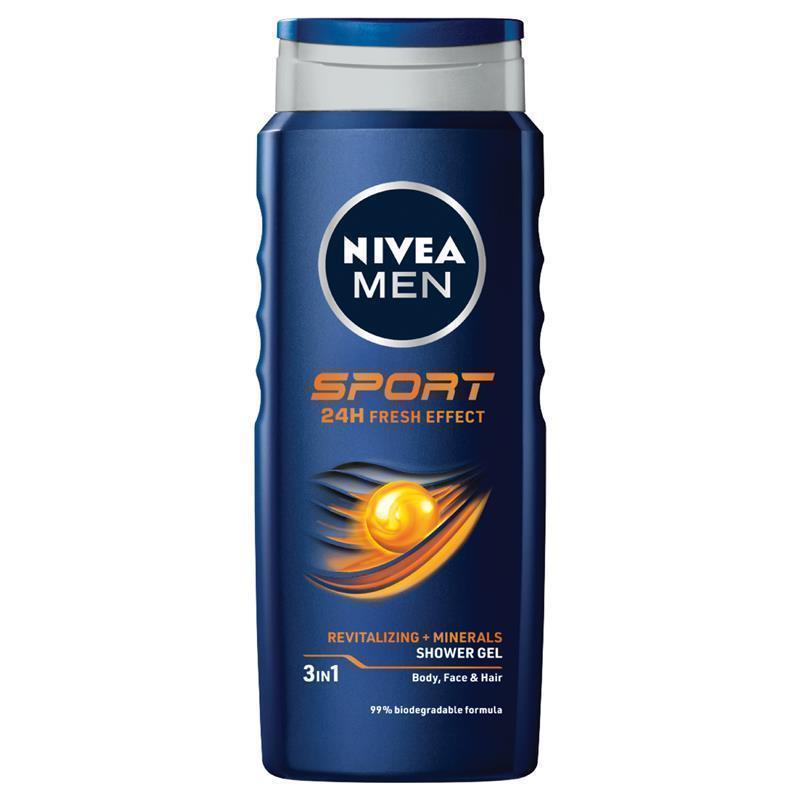 NIVEA MEN Sport 24h Fresh Effect 3 in 1 Shower Gel - Face, Body & Hair - Made in Germany - 500 ml