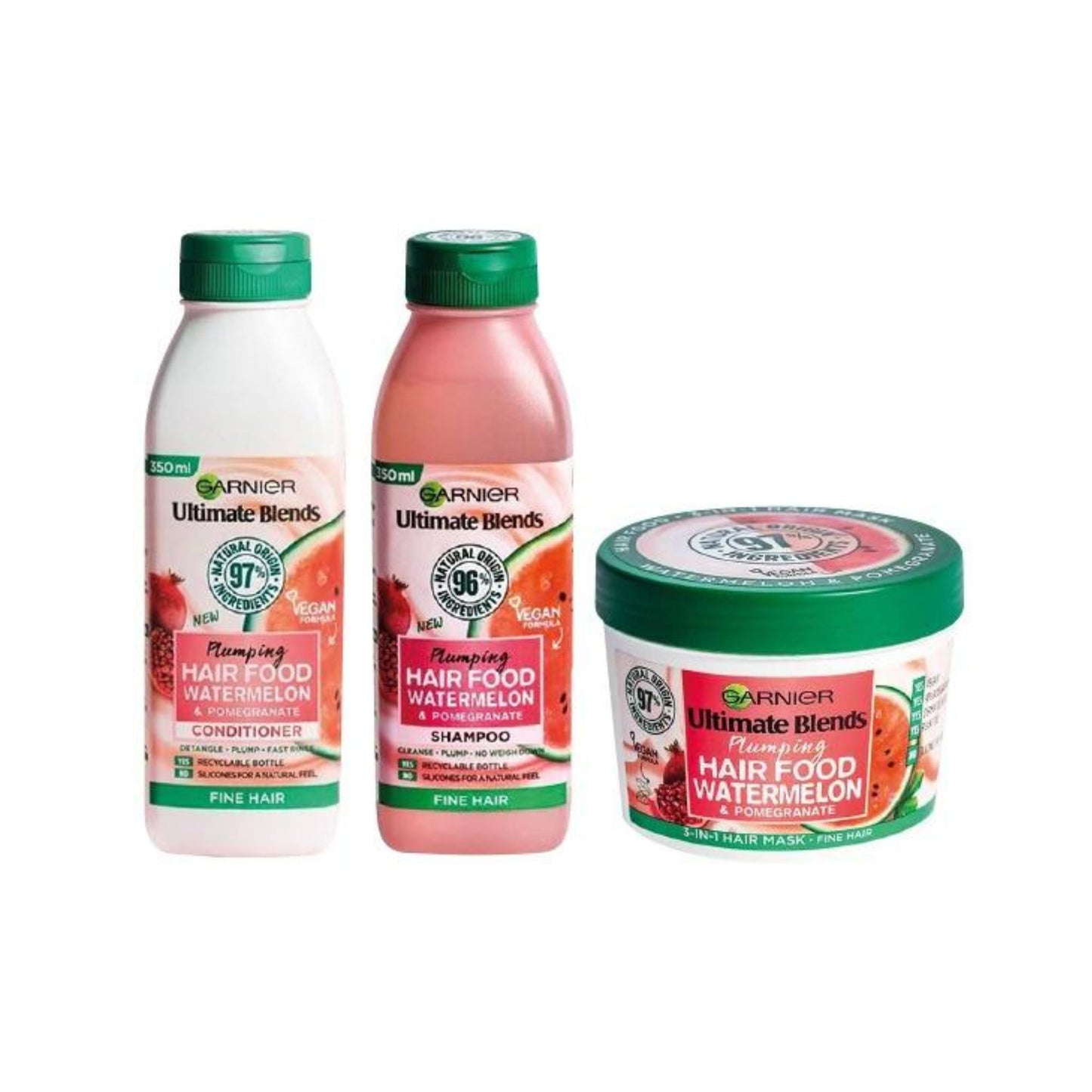 GARNIER Ultimate Blends Plumping Watermelon & Pomegranate Hair Food Set - Shampoo / Conditioner / Mask